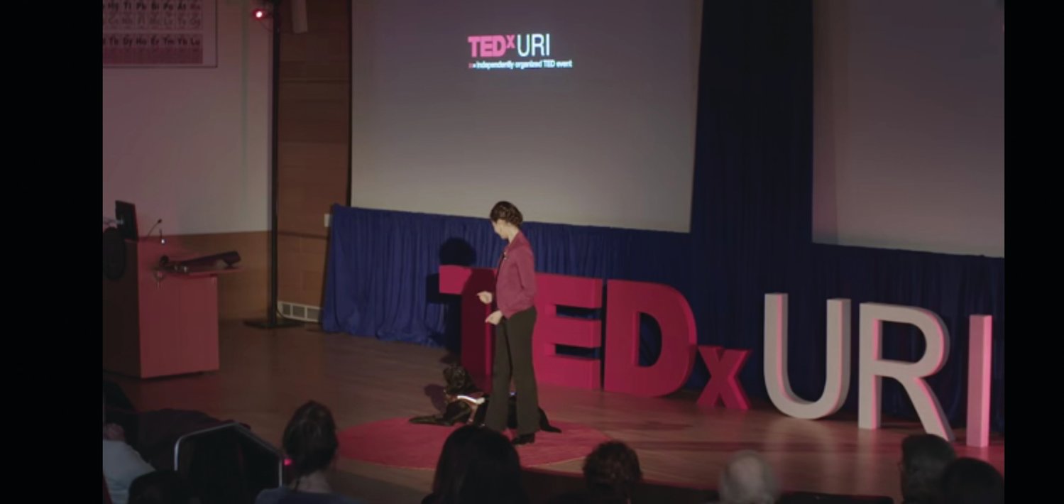 TED TALK: Aria Mia Loberti introduces her guide dog Ingird as she takes part in a TEDxURI event in 2018.